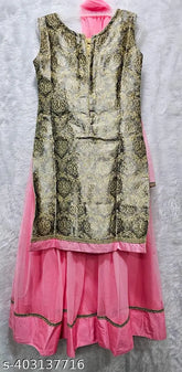 Art Silk kurta-lehenga set with net dupatta, featuring lace stitch and short sleeves. Sustainable clothing in free sizes (2-3 yrs: chest 22, length 25; 5-6 yrs: chest 26, length 29) from India